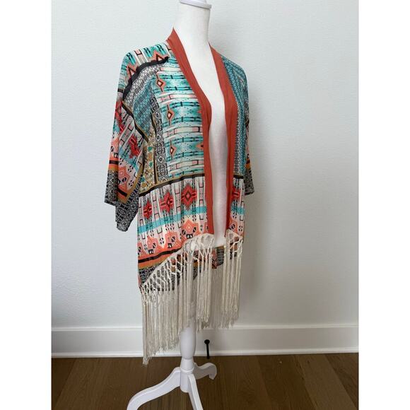 Flying‎ Tomato Multicolor Sheer Fringe Kimono Western Southwestern Boho Small - Picture 1 of 6